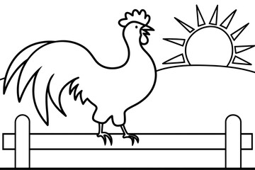 Coloring page featuring a rooster on a fence with a rising sun in the background, perfect for creative relaxation and artistic expression