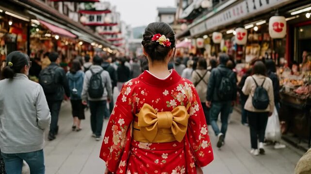 A rear-view shot of a woman in a red kimono walking through a bustling market. The video captures a vibrant cultural scene from a street-level angle.