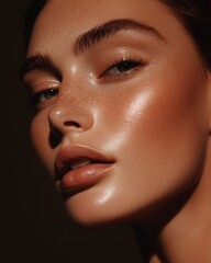 Shiny makeup and freckled skin beauty close-up