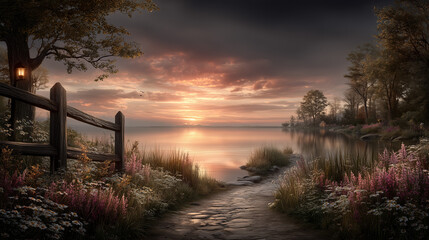 Fototapeta premium Serene Sunset Over a Tranquil River With a Scenic Path and Flowers 