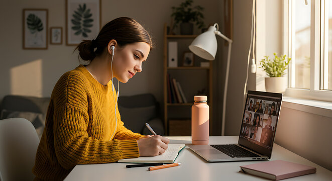 Focused female student engaged in e-learning, using a laptop for a virtual classroom webinar and writing notes at her sunlit desk at home.