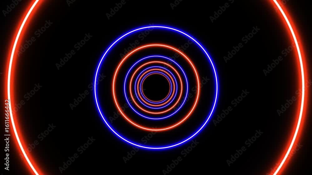 Poster colorful neon circle tunnel animation on black background.neon glowing circle tunnel with blue light