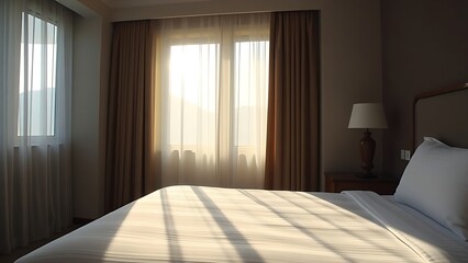 Obraz premium A serene hotel room bathed in morning light, with neatly made bed and sheer curtains.