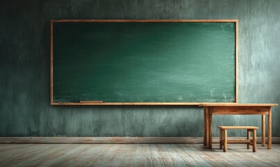A large, blank chalkboard hangs on a textured wall, accompanied by a small wooden desk and stool in a dimly lit room; rustic wooden floor