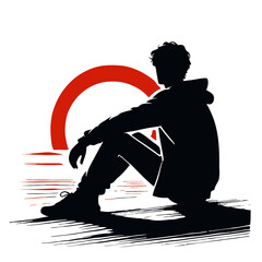 Silhouette man contemplates life during sunset, embodying reflective solitude. Silhouette man is sitting quietly by sea with distant horizon. Reflective solitude.