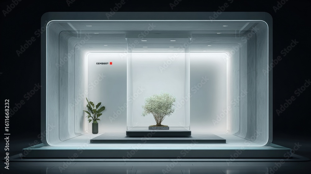 Poster holographic display featuring a 3d rotating product stand with space for a slogan in a modern retail