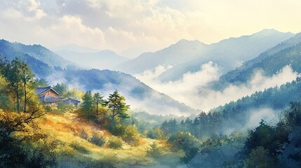 Beautiful mountain landscape painting with fog and trees scenic nature art background wallpaper design silhouette