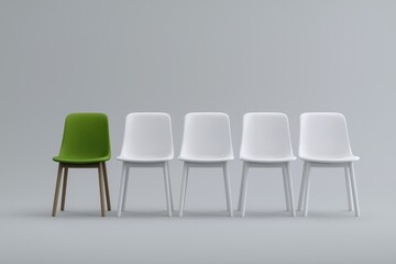 Green chair among white chairs in minimalist arrangement