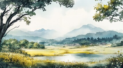 Watercolor painting landscape nature art print peaceful scenery mountains trees lake fine art prints for sale silhouette