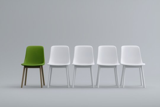 Green chair among white chairs in minimalist arrangement
