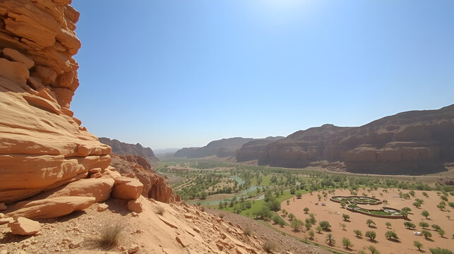 View of the Wadi Bani Khalid oasis in the desert in Sultanate of Oman.