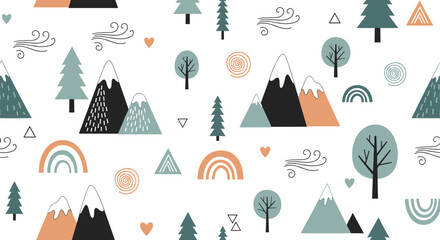 Whimsical mountain landscape with trees clouds and rainbows for childrens designs