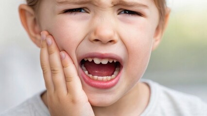 A child is expressing pain, holding their face with a pained expression likely due to a dental issue.