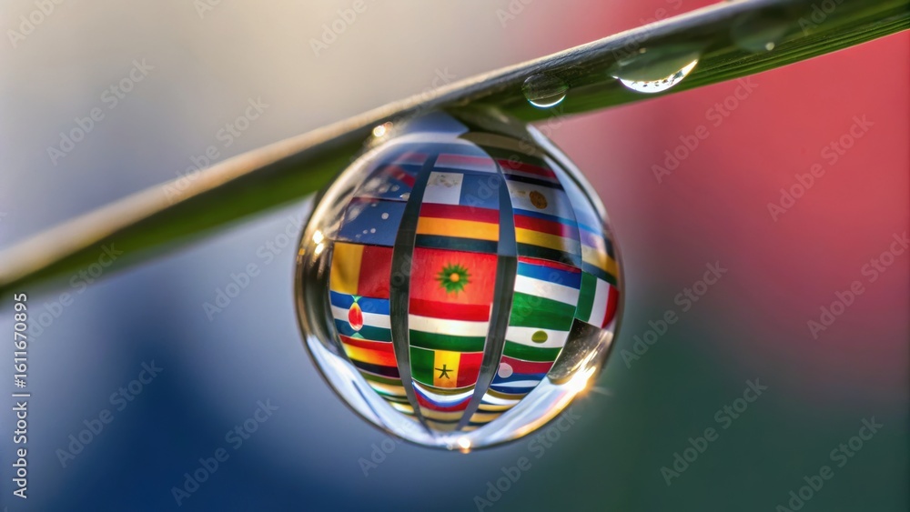Poster a water droplet reflecting various flags on a grass blade, symbolizing unity and diversity through i