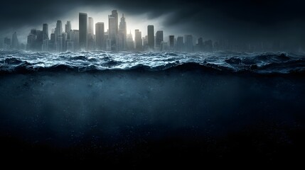 City submerged beneath turbulent water.