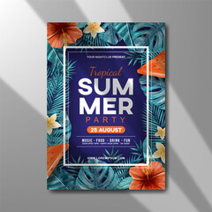 summer party poster invitation template with watercolor palm leaves