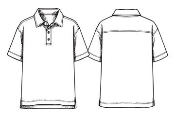 Detailed polo shirt mockup with collar and button view, front and back in a minimalistic drawing style