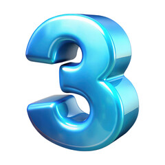 Fototapeta premium Number three 3d render illustration blue glossy metallic isolated on black background graphic design element