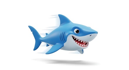 Cartoon Blue Shark Swimming Fast on White Background