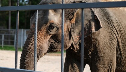 Sad elephant behind metal fence