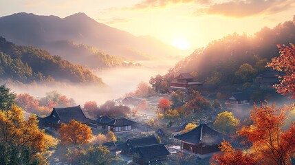 Beautiful korean village landscape autumn season mountain fog sunrise scenic travel destination wallpaper art silhouette