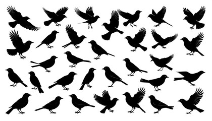 Black silhouette birds in various poses