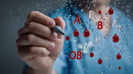 Doctor's hand writing the letters "A B O" on glass with red drops of blood and water, medical concept background.