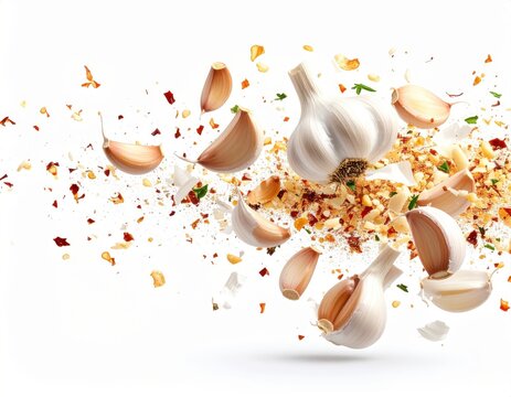 Fresh garlic cloves scattered with crushed garlic peel and herbs on a white background for cooking, flavo, and healthy eating concepts