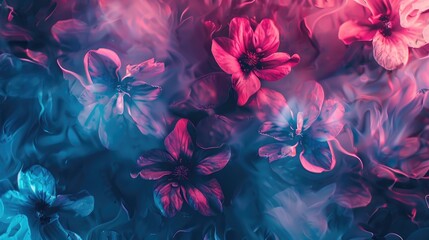 Ethereal pink and blue flowers submerged in swirling smoke, vibrant color palette, moody atmosphere, artistic effect