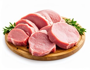 Fototapeta premium Fresh raw pork loin chops with a pinkish hue and marbling on a round wooden cutting board garnished with sprigs of fresh herbs on a clean white background