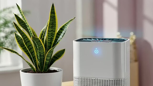 Indoor scene featuring a modern air purifier beside a vibrant snake plant, showcasing home comfort