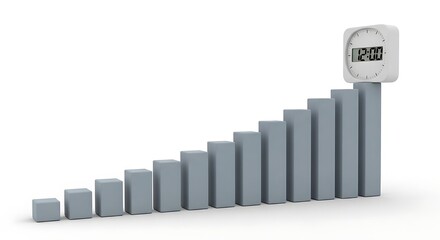 Depiction of business growth over time with clock atop the highest bar graph