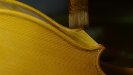 Experienced craftsman carefully brushing golden brown varnish onto wooden cello surface, working within vintage lutherie workshop with precision and traditional techniques