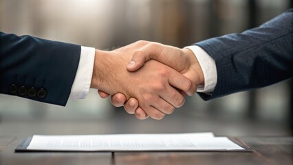 Obraz premium Two businessmen shake hands, symbolizing agreement or partnership over a document on a desk.