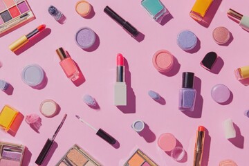 A vibrant flat lay showcasing an array of colorful cosmetics on a pink background, including lipsticks, eyeshadow palettes, nail polishes, and other makeup items arranged.