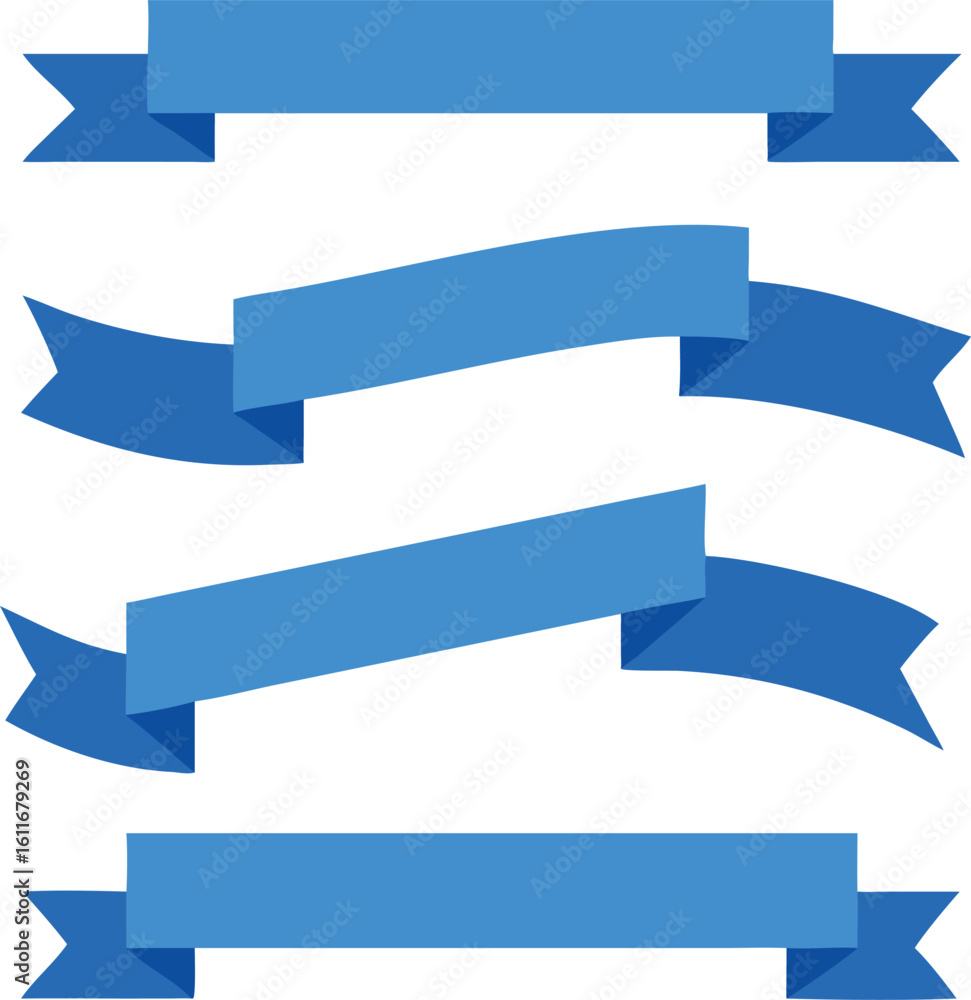 Poster collection of four blue ribbon banners in different styles for graphic design and web design project