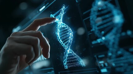 DNA Touch: A finger delicately interacts with a vibrant, glowing DNA helix, set against a backdrop of advanced technology and scientific exploration. - Powered by Adobe