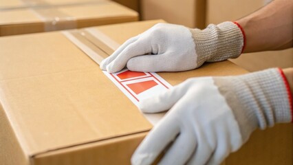 A person in gloves sealing a cardboard box with tape, emphasizing packaging and shipping processes.