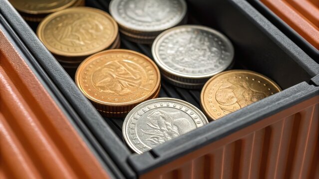 Close-up of a box filled with various coins, showcasing different colors and sizes, emphasizing financial themes.