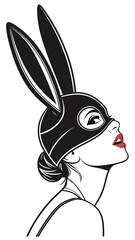 A woman with a black bunny mask and long ears, red lips and a sleek hairstyle. Color palette: black, white, and red. Minimalist poster, ideal for print t-shirt, logo, or wall art, book cover.