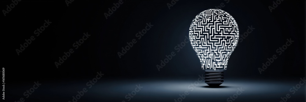 Poster maze glowing inside lightbulb shape in dark environment sparks curiosity and imagination