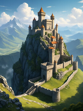 Majestic mountaintop fortress, ancient stone walls, imposing towers, overlooking a vast kingdom Ideal for fantasy, historical, or power imagery , landscape, ruins