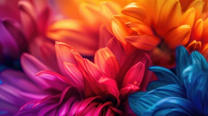 Obraz premium Vibrant close-up of colorful flower petals, showcasing rich hues of orange, red, pink, and blue, creating a dramatic and textural floral image