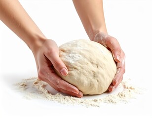 Hands kneading dough on a white surface with flour, demonstrating bread making or baking process, close-up of dough preparation, culinary baking concept