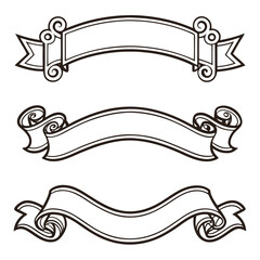Set of Three Decorative Ribbon Banners with Swirls and Double Lines for Invitations or Graphic Design Projects