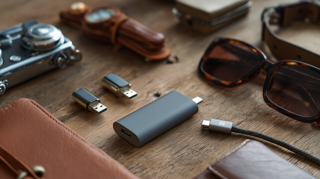 USB-C adapter next to tech accessories - Powered by Adobe