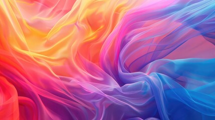 Fototapeta premium Vibrant, flowing sheer fabric in a spectrum of warm and cool colors, creating a swirling, abstract design