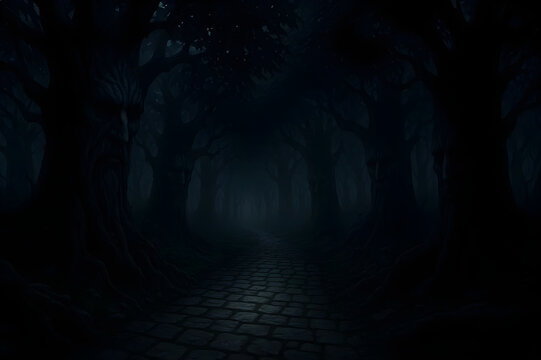 Haunted Forest: Old Man Trees Guarding a Dark Path