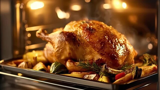 Cinematic video of a golden roasted turkey cooking in the oven with steam rising, vegetables sizzling, shallow focus, warm light, and soft zoom transition into blurry bokeh.