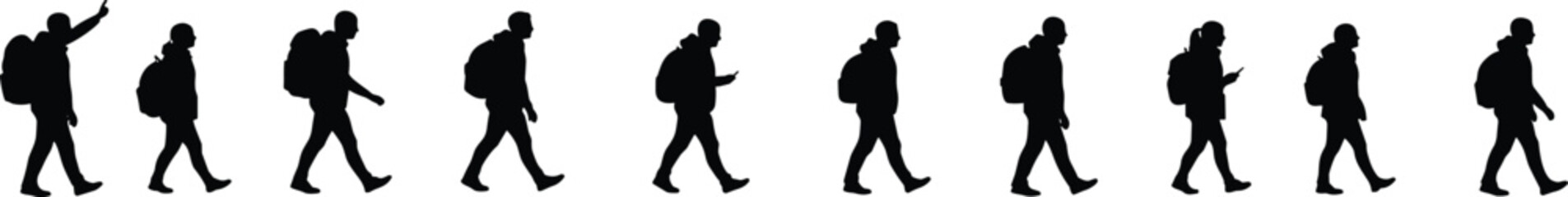 Silhouette man walking with backpack, isolated pose sequence, white background, travel, motion, outdoor activity, adventure, exploration, journey